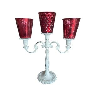 Candelabra Candle Holder White Distressed Metal Red Glass 3 Arm Home Decor Goth